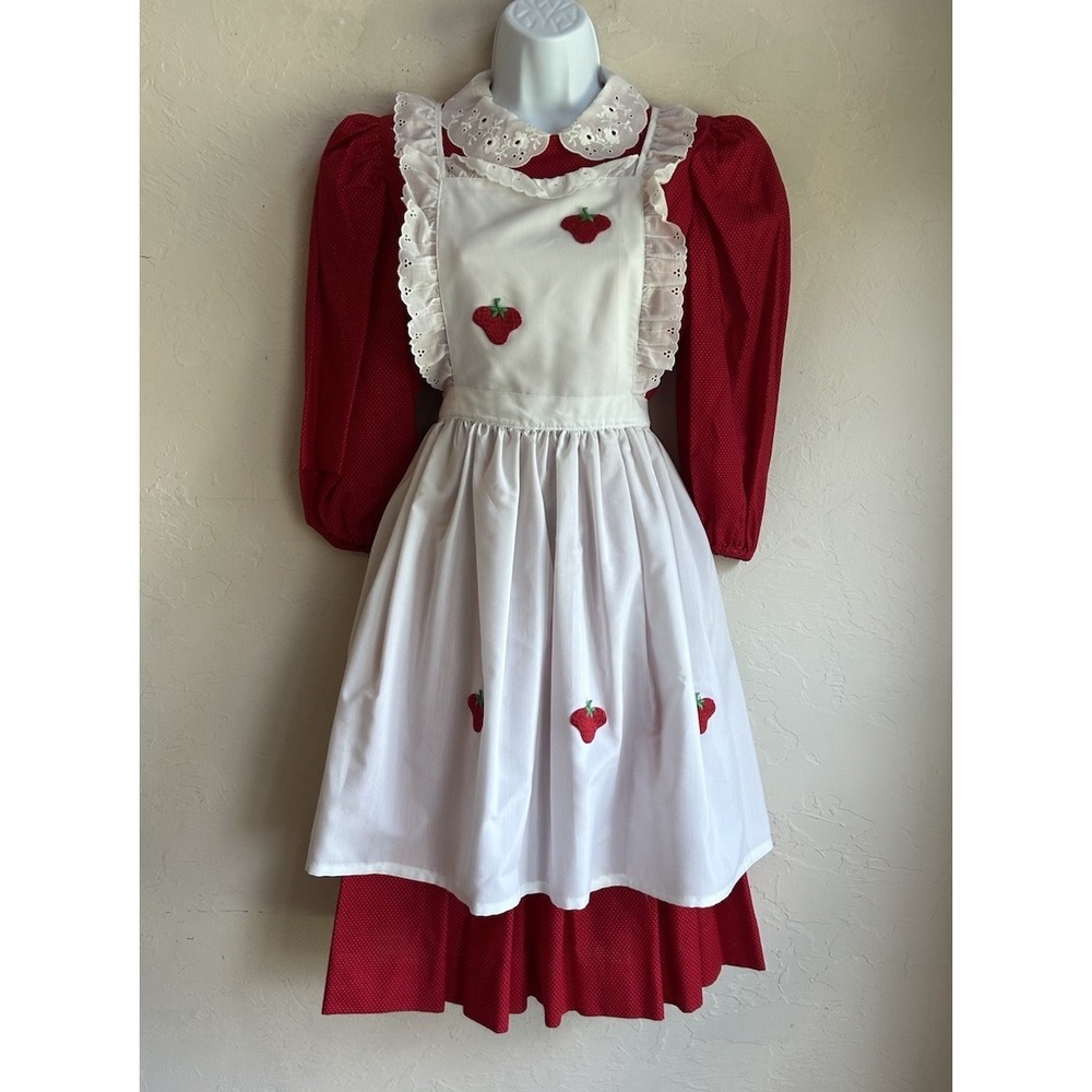 Vintage Strawberry Pinafore Dress Set S Cottagecore Milkmaid Coquette Apron